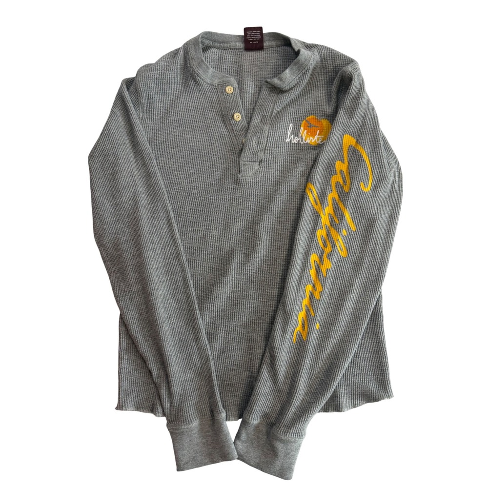 Hollister Mens Gray Waffle Knit Thermal Henley California Sleeve Graphic Shirt M